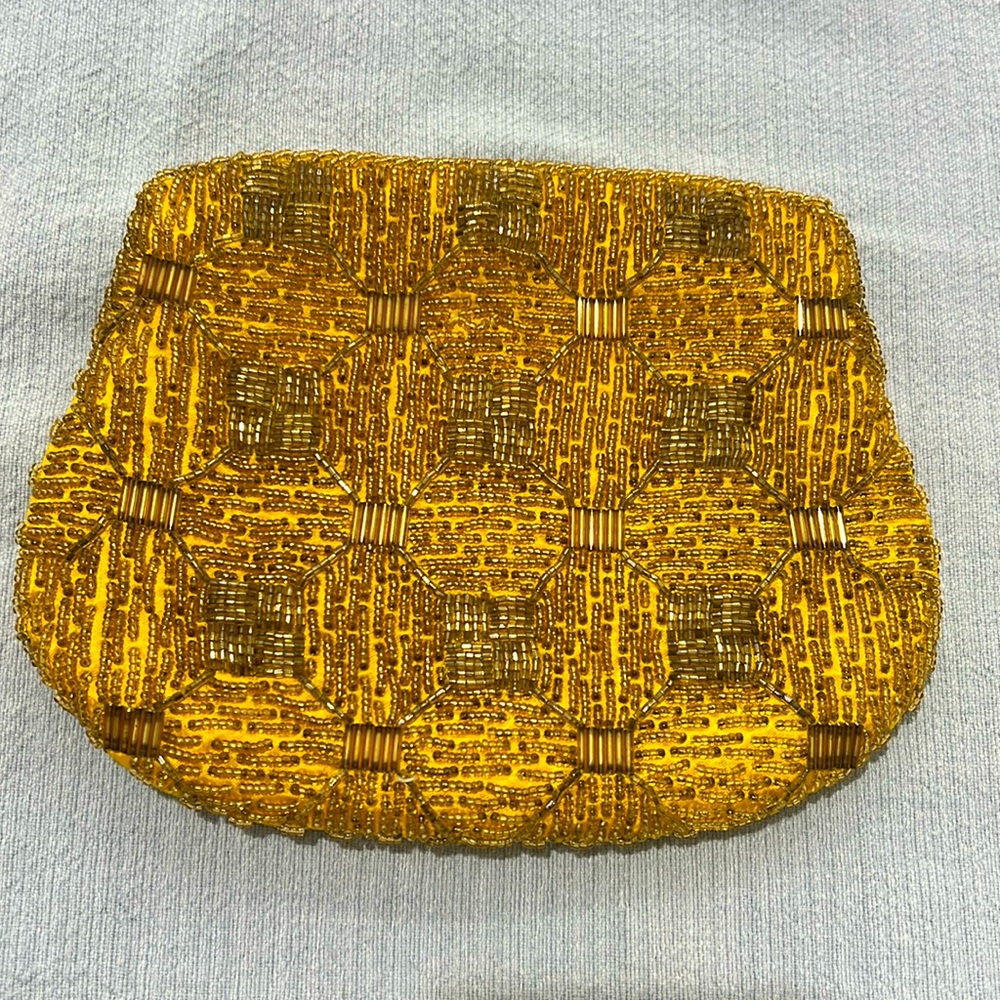 Vintage 60s La Regale Yellow Gold Bugle Beaded Evening Purse  snap closure